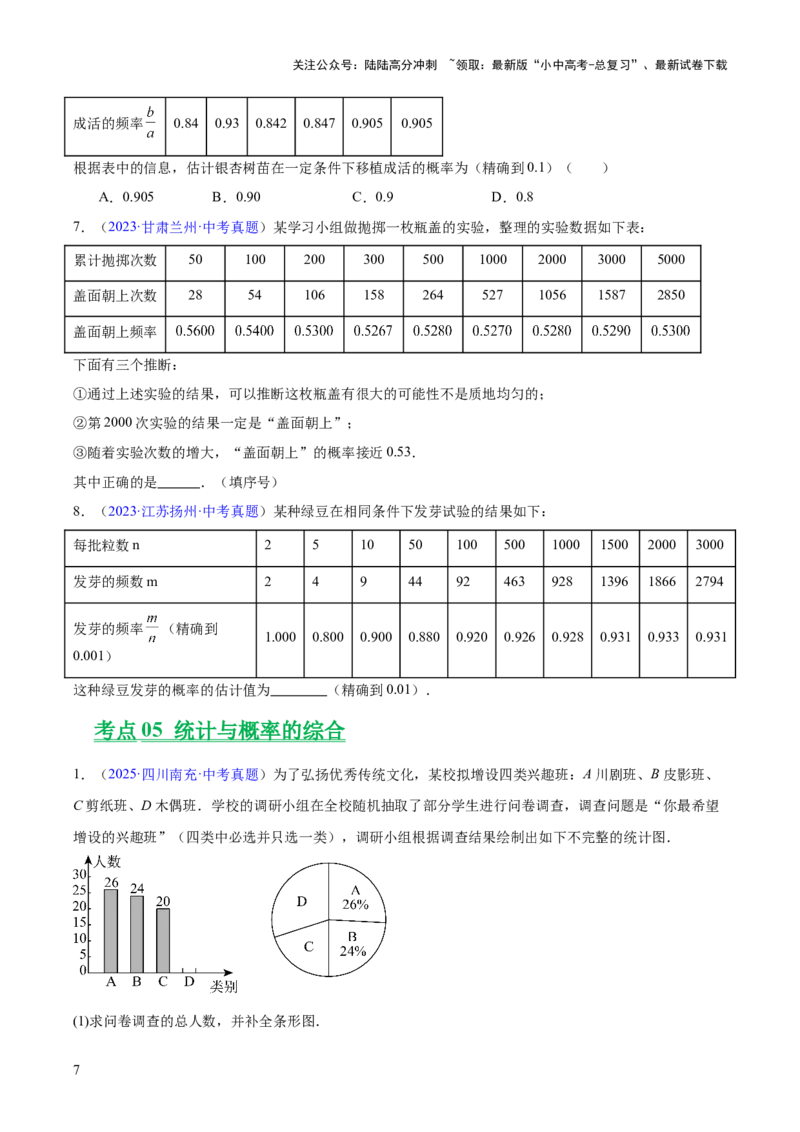 专题24概率（全国通用）（原卷版）_02中考总复习（2026版更新中）_02-数学-中考总复习_2026年中考复习（更新中）_好题汇编三年（2023-2025）中考数学真题分类汇编（全国通用）