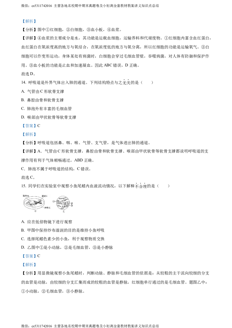 精品解析：北京市通州区2022-2023学年七年级下学期期中生物试题（解析版）(1)_北京初中期末题_C605-京七八九_B京生物七八九_北京7下生物_2022-2024_北京生物7下期中