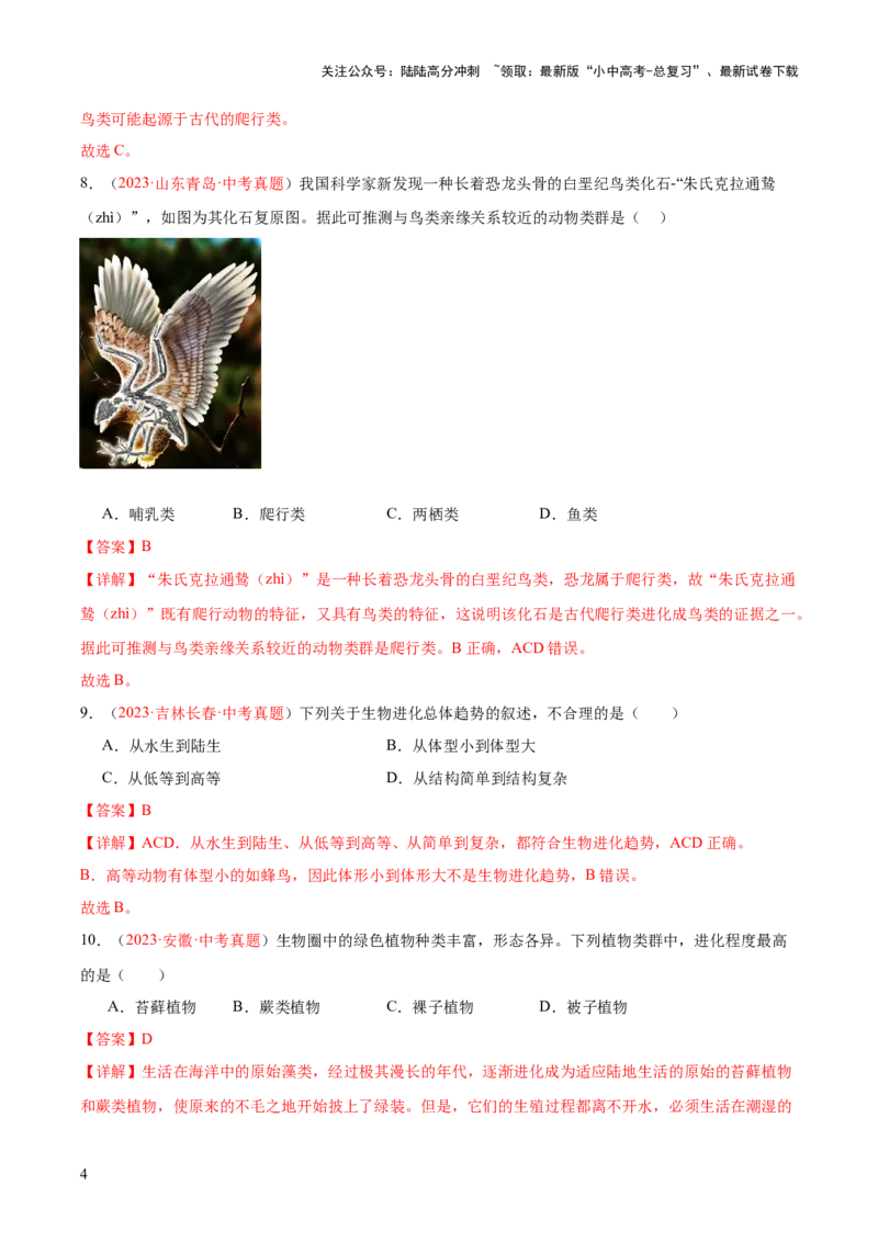 专题22生命起源和生物进化（解析版）_02中考总复习（2026版更新中）_08-生物-中考总复习_2024年中考复习资料_一轮复习_❤备战2024年中考生物一轮复习考点帮（全国通用）_练习