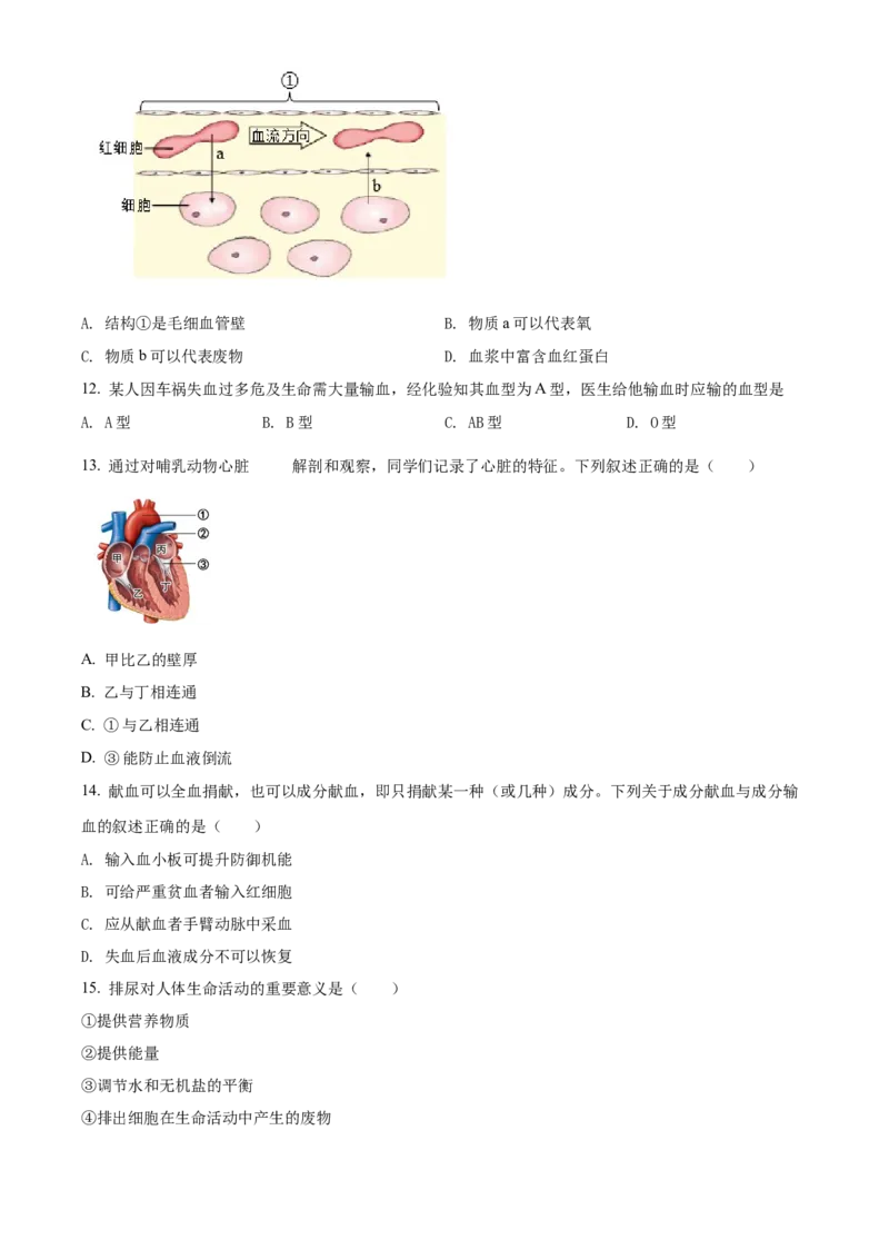 精品解析：北京市海淀区2020-2021学年七年级下学期期末生物试题（原卷版）(1)_北京初中期末题_C605-京七八九_B京生物七八九_北京7下生物_2020-2021