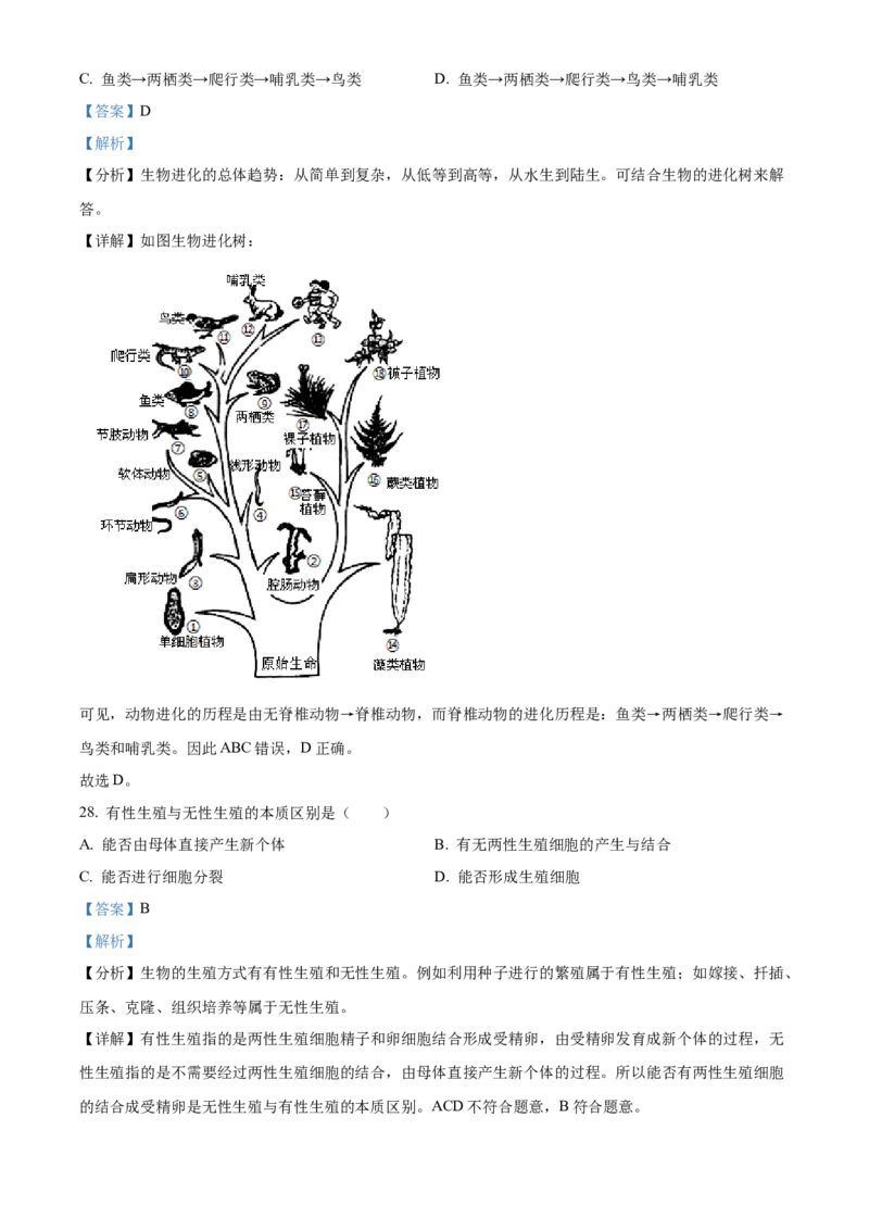 精品解析：北京市门头沟区2022-2023学年八年级上学期期末生物试题（解析版）(1)_北京初中期末题_C605-京七八九_B京生物七八九_北京八上生物_2022-2023