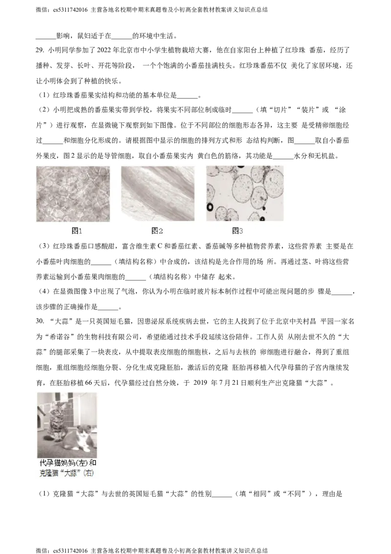 精品解析：北京市通州区2022-2023学年七年级上学期期中生物试题（原卷版）(1)_北京初中期末题_C605-京七八九_B京生物七八九_北京7上生物_2022-2024_北京生物7上期中