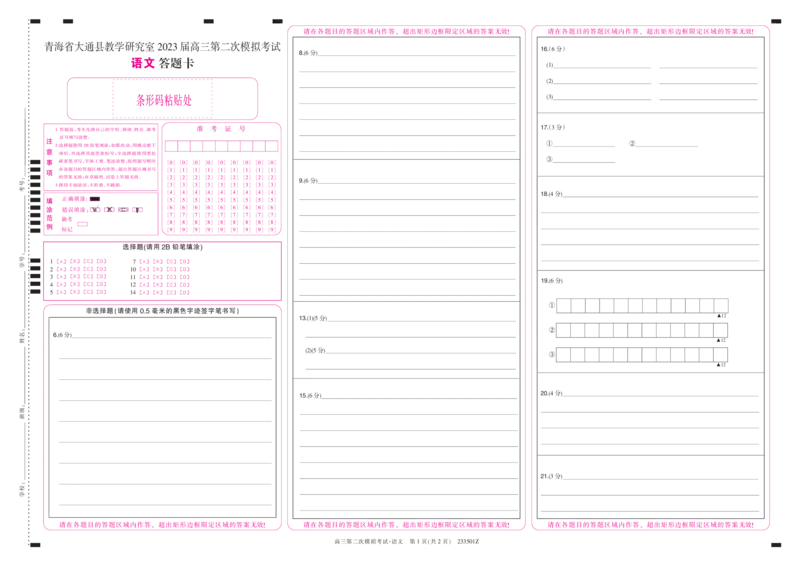 2023届青海省西宁市大通回族土族自治县高三二模语文答题卡公众号：一枚试卷君_1.2025语文总复习_2023年新高考资料_模拟题_老高考_2023届青海省西宁市高三二模语文