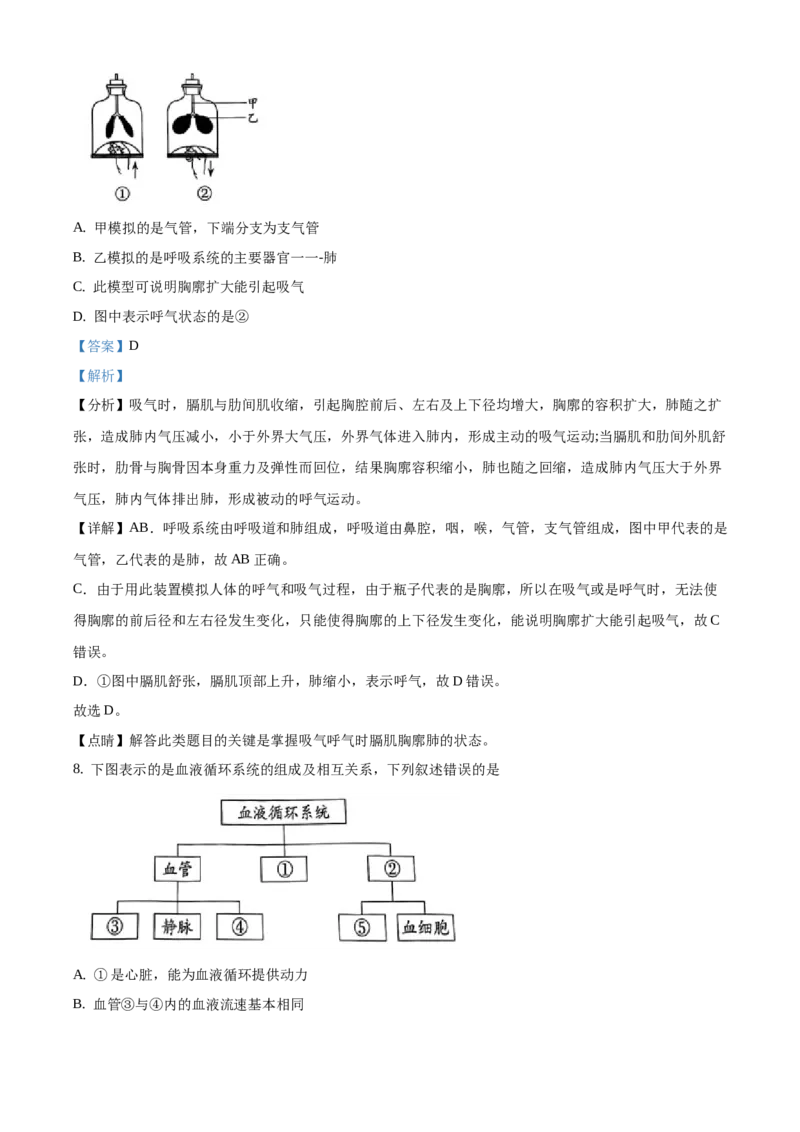 精品解析：北京市西城区2020-2021学年七年级下学期期末生物试题（解析版）(1)_北京初中期末题_C605-京七八九_B京生物七八九_北京7下生物_2020-2021