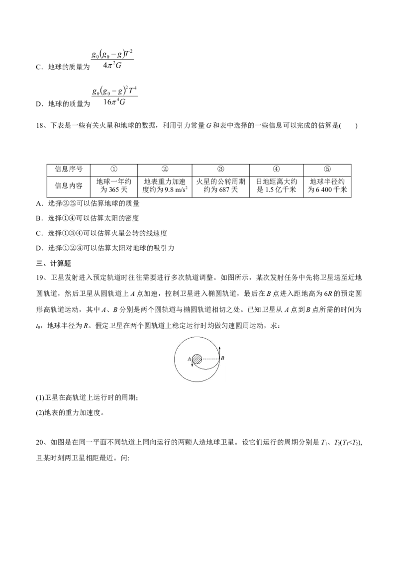 万有引力与航天章末测试（原卷版）_4.2025物理总复习_2023年新高复习资料_一轮复习_2023年高三物理一轮复习精讲精练278111462_第五章万有引力与宇宙航行