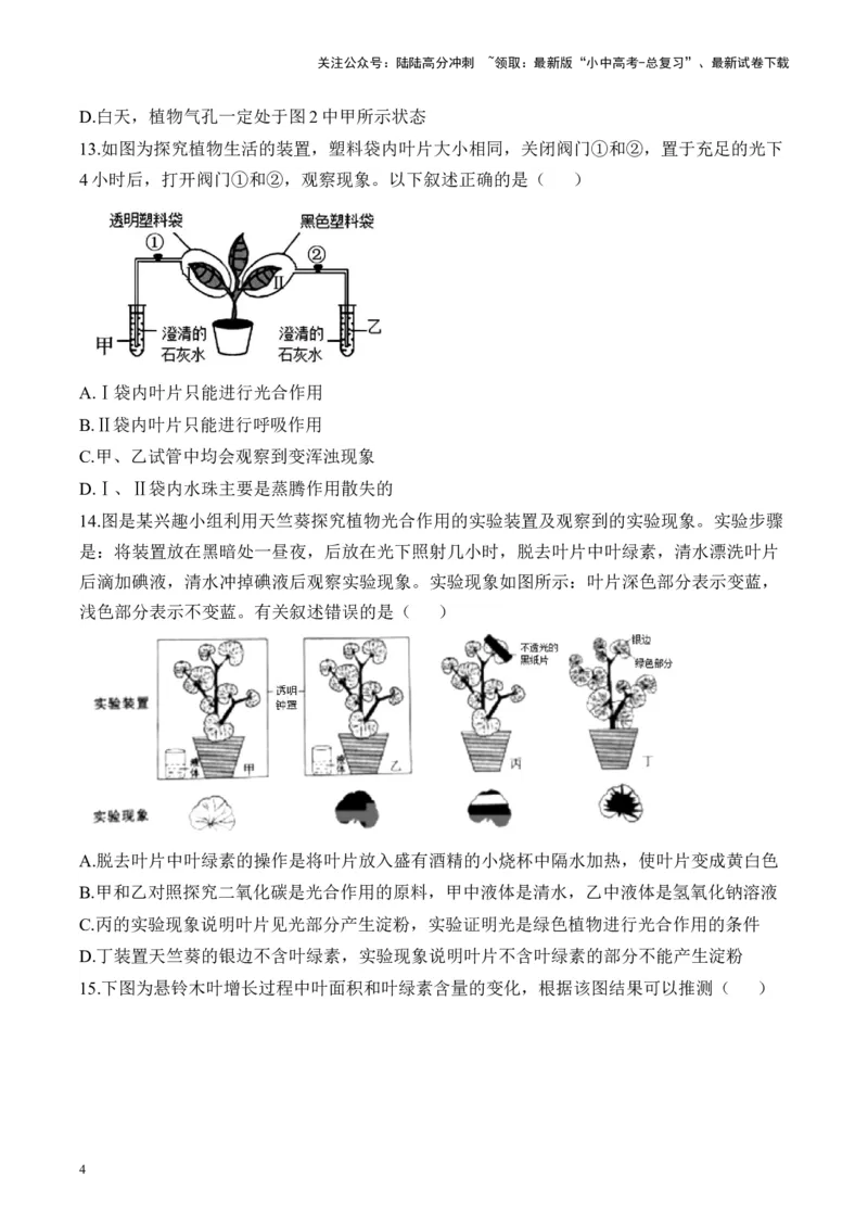 专题三生物圈中的绿色植物&mdash;&mdash;2025年中考生物二轮专题达标训练（含解析）_02中考总复习（2026版更新中）_08-生物-中考总复习_2025中考复习资料_2025年中考生物二轮专题达标训练(含解析)