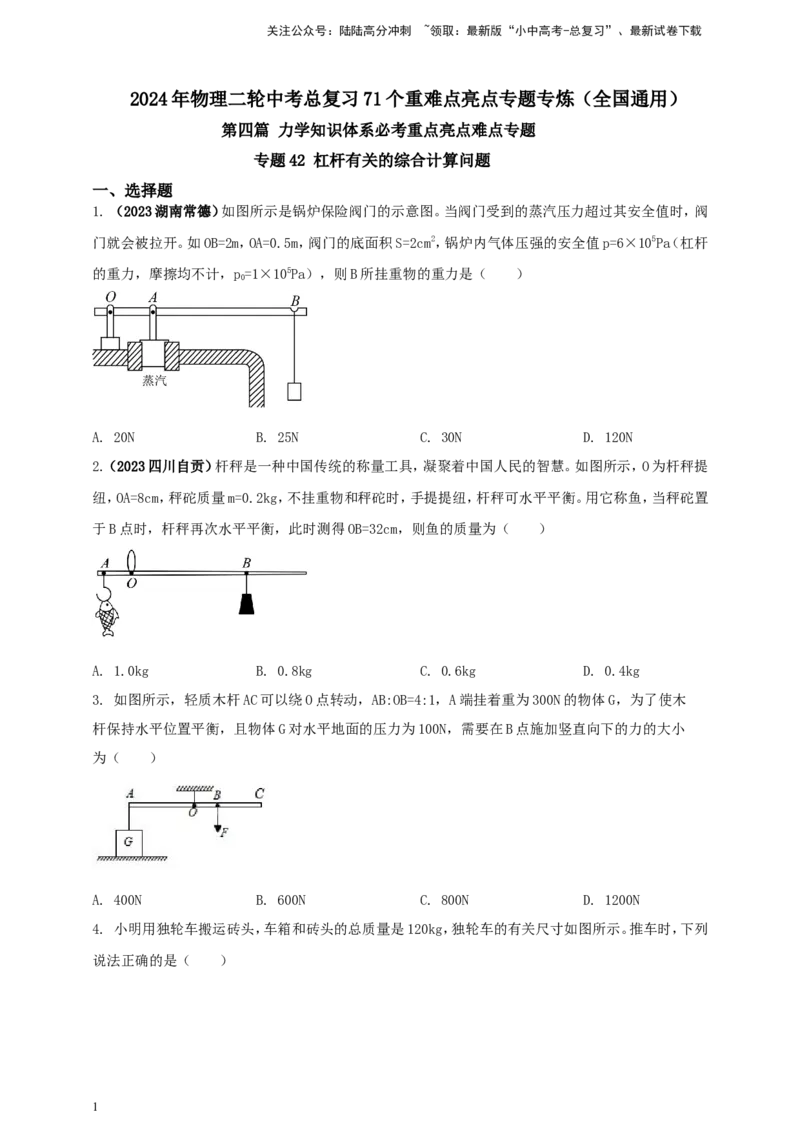 专题42杠杆有关的综合计算问题（原卷版）_02中考总复习（2026版更新中）_04-物理-中考总复习_2024年中考复习资料_二轮复习