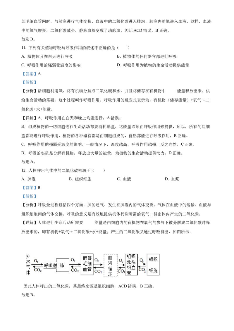 精品解析：北京市燕山地区2021-2022学年七年级下学期期末生物试题（解析版）(1)_北京初中期末题_C605-京七八九_B京生物七八九_北京7下生物_2021-2022