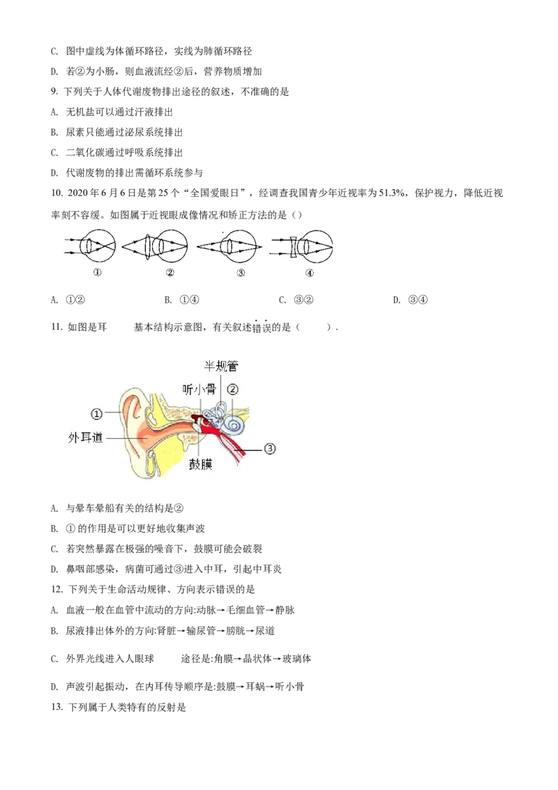精品解析：北京市通州区2021-2022学年七年级下学期期末生物试题（原卷版）(1)_北京初中期末题_C605-京七八九_B京生物七八九_北京7下生物_2021-2022