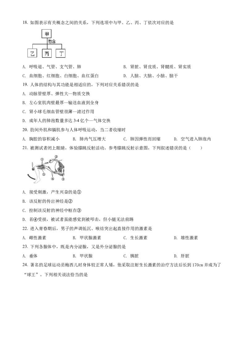 精品解析：北京市通州区2021-2022学年七年级下学期期末生物试题（原卷版）(1)_北京初中期末题_C605-京七八九_B京生物七八九_北京7下生物_2021-2022
