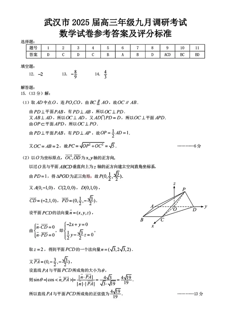 湖北省2025届高三上学期九月调研考试数学试卷+答案_A1502026各地模拟卷（超值！）_9月_240905湖北省2024-2025学年度武汉市部分学校高三年级九月调研考试