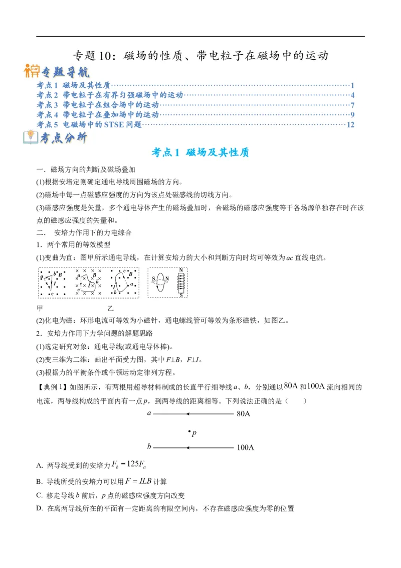 专题10：磁场的性质、带电粒子在磁场中的运动(原卷版）_4.2025物理总复习_赠品通用版（老高考）复习资料_二轮复习_2023年高考物理毕业班二轮热点题型归纳与变式演练（全国通用）