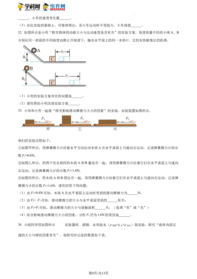 精品解析：北京市西城区2021-2022学年八年级下学期期末物理试题（原卷版）(1)_北京初中期末题_C605-京七八九_B京物理八九_物理_八年级下学期物理_2022-2023之前