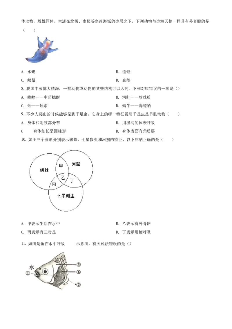 精品解析：北京市第八中学2021-2022学年八年级上学期期中生物试题（原卷版）(1)_北京初中期末题_C605-京七八九_B京生物七八九_北京八上生物_2022-2023前