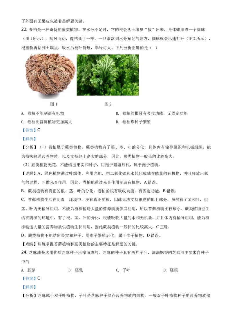 精品解析：北京市海淀区2019-2020学年上学期七年级期末生物试题（解析版）(1)_北京初中期末题_C605-京七八九_B京生物七八九_北京7上生物_2019-2020