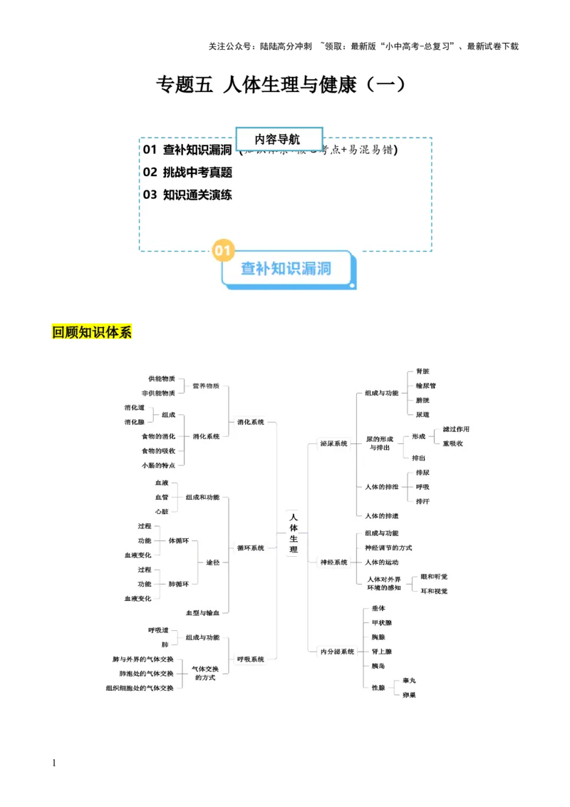 专题五人体生理与健康（一）（原版卷）_02中考总复习（2026版更新中）_08-生物-中考总复习_2024年中考复习资料_三轮复习_查漏补缺2024年中考生物复习冲刺过关（全国通用）
