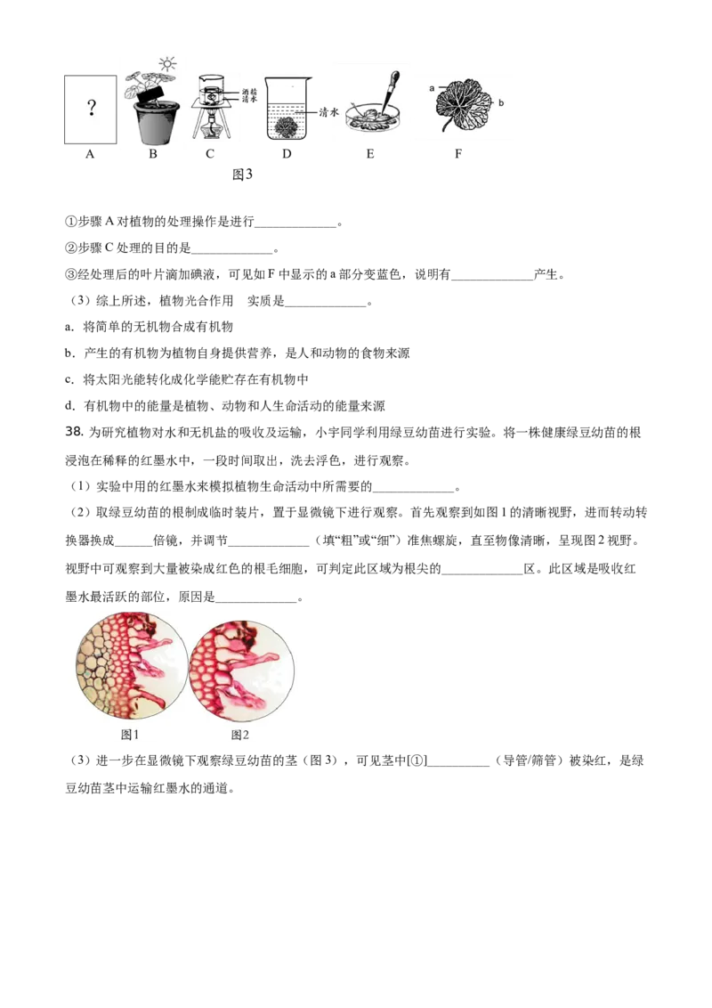 精品解析：北京市石景山区2020-2021学年第一学期七年级生物期末试题（原卷版）(1)_北京初中期末题_C605-京七八九_B京生物七八九_北京7上生物_2020-2021