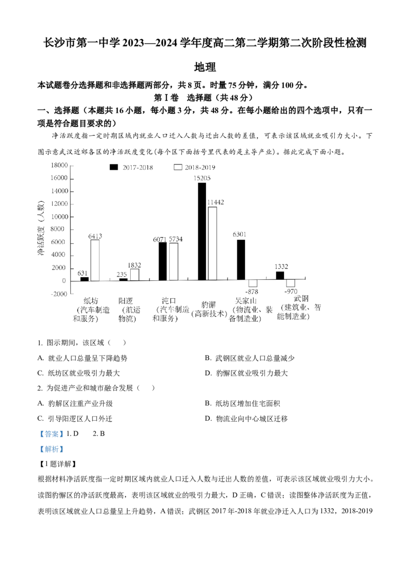 精品解析：湖南省长沙市第一中学2023-2024学年高二下学期期末考试地理试题（解析版）_A1502026各地模拟卷（超值！）_6月_湖南省长沙市第一中学2023-2024学年高二下学期期末考试地理试题