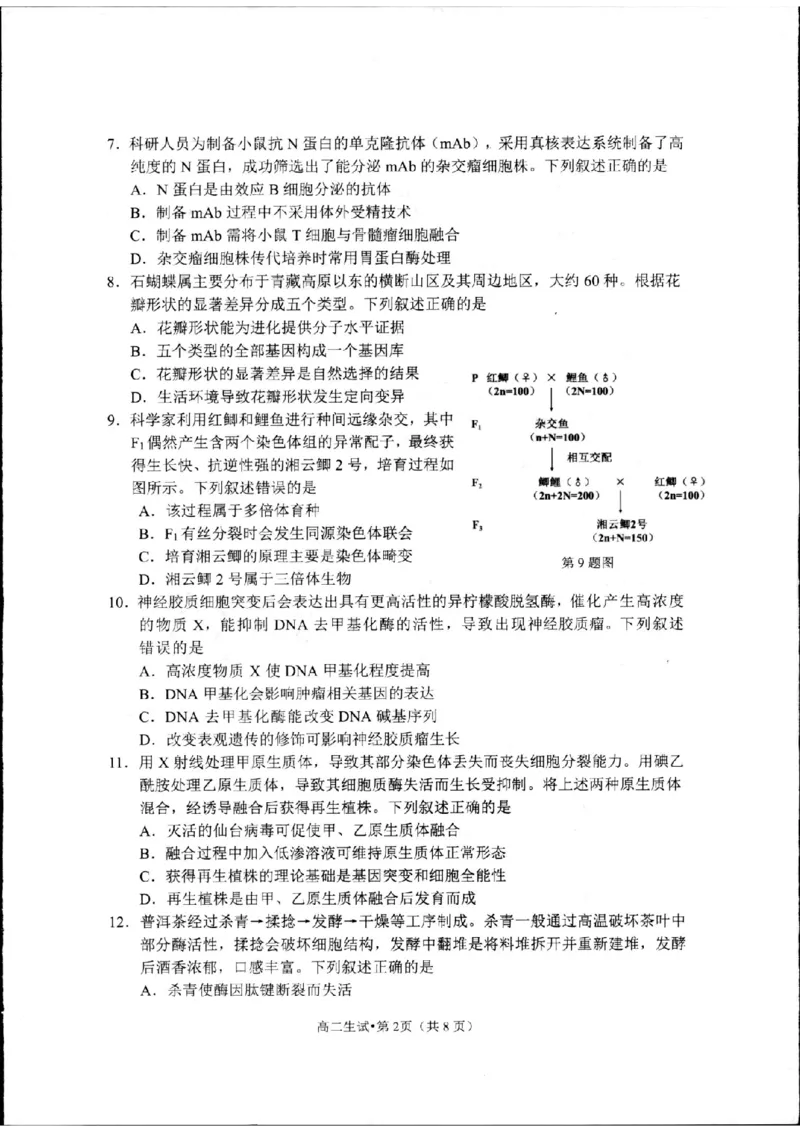 浙江省杭州市2023-2024学年高二下学期6月期末生物试题_A1502026各地模拟卷（超值！）_6月_240625浙江省杭州市2023-2024学年高二下学期6月期末考试
