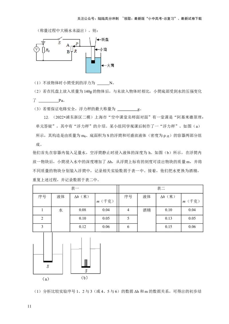专题7物体浮沉条件浮力应用：浮力秤密度计（原卷版）_02中考总复习（2026版更新中）_04-物理-中考总复习_2024年中考复习资料_二轮复习