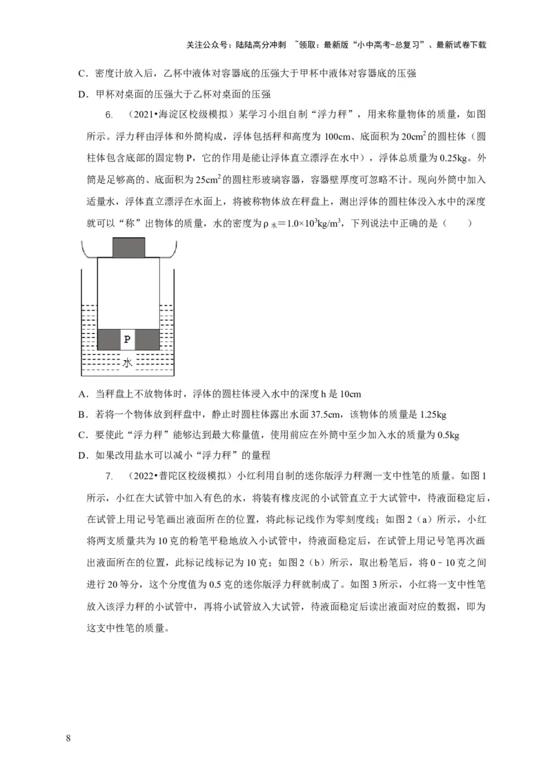 专题7物体浮沉条件浮力应用：浮力秤密度计（原卷版）_02中考总复习（2026版更新中）_04-物理-中考总复习_2024年中考复习资料_二轮复习