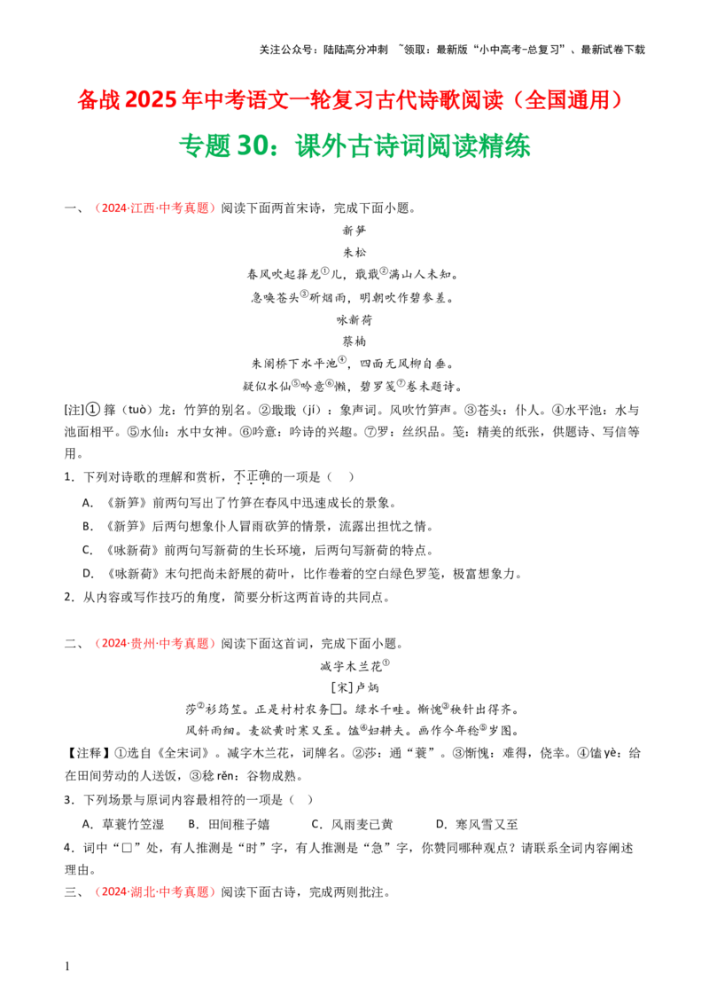 专题30：课外古诗词阅读精练-备战2025年中考语文一轮复习古代诗歌阅读（全国通用）原卷版_02中考总复习（2026版更新中）_01-语文-中考总复习_2025年中考资料_中考文言文专项