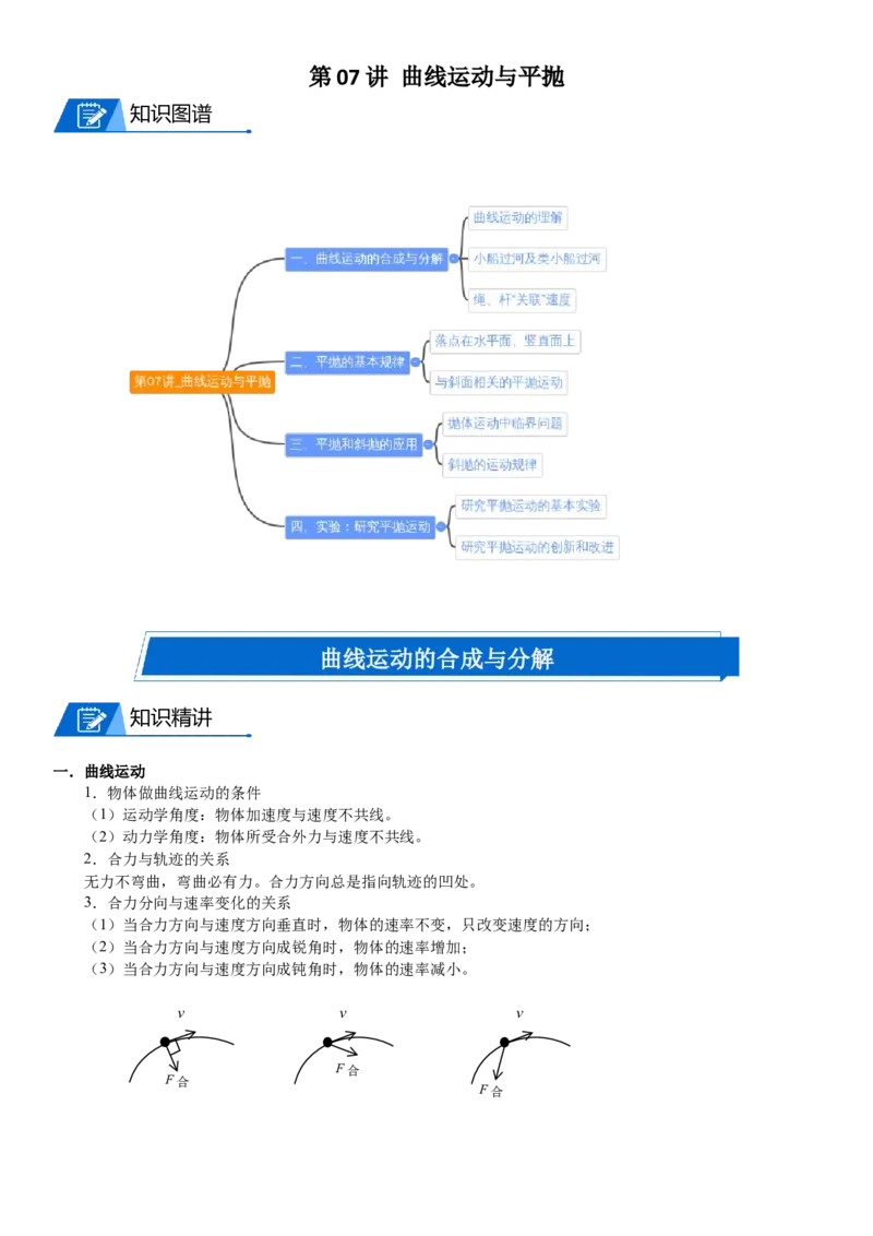 2023届新高考物理重点突破：第07讲曲线运动与平抛_4.2025物理总复习_2023年新高复习资料_一轮复习_2023届高考物理一轮专题特训