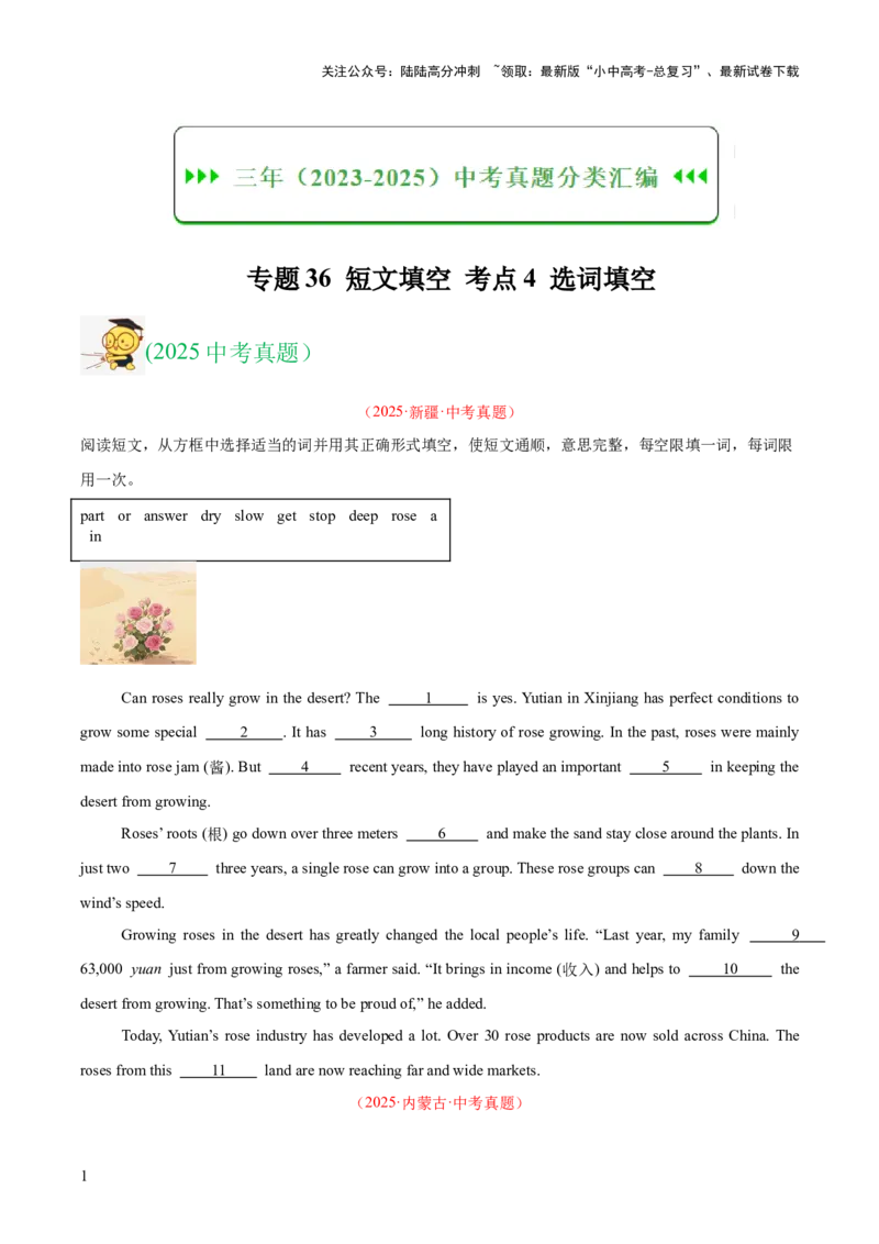 专题36短文填空考点4选词填空（全国通用）（原卷版）_02中考总复习（2026版更新中）_03-英语-中考总复习_2026年中考复习（更新中）