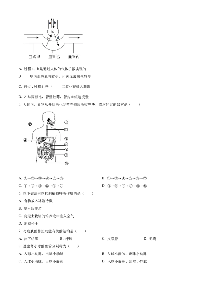 精品解析：北京市通州区运河中学东校区2021-2022学年七年级下学期诊断生物试题（原卷版）(1)_北京初中期末题_C605-京七八九_B京生物七八九_北京7下生物_2021-2022