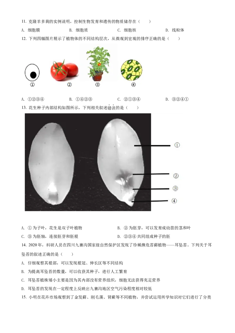 精品解析：北京市西城区2021-2022学年七年级上学期期末生物试题（原卷版）(1)_北京初中期末题_C605-京七八九_B京生物七八九_北京7上生物_2021-2022