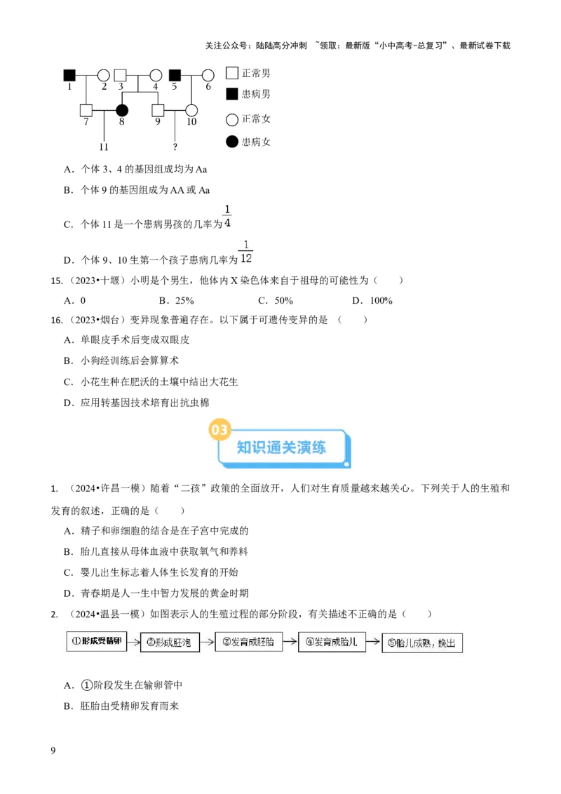 专题六遗传与进化（原版卷）_02中考总复习（2026版更新中）_08-生物-中考总复习_2024年中考复习资料_三轮复习_查漏补缺2024年中考生物复习冲刺过关（全国通用）_查补知识&middot;通关练