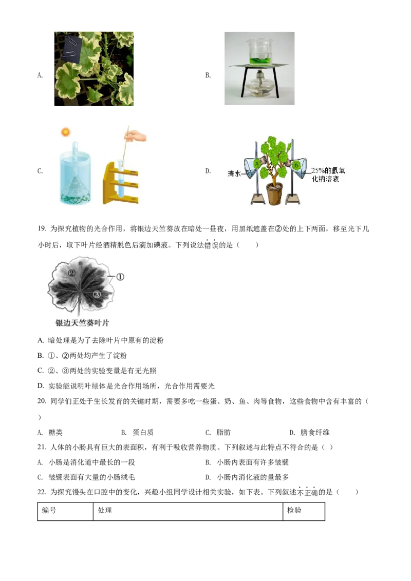 精品解析：北京市顺义区2021-2022学年七年级上学期期末生物试题（原卷版）(1)_北京初中期末题_C605-京七八九_B京生物七八九_北京7上生物_2021-2022