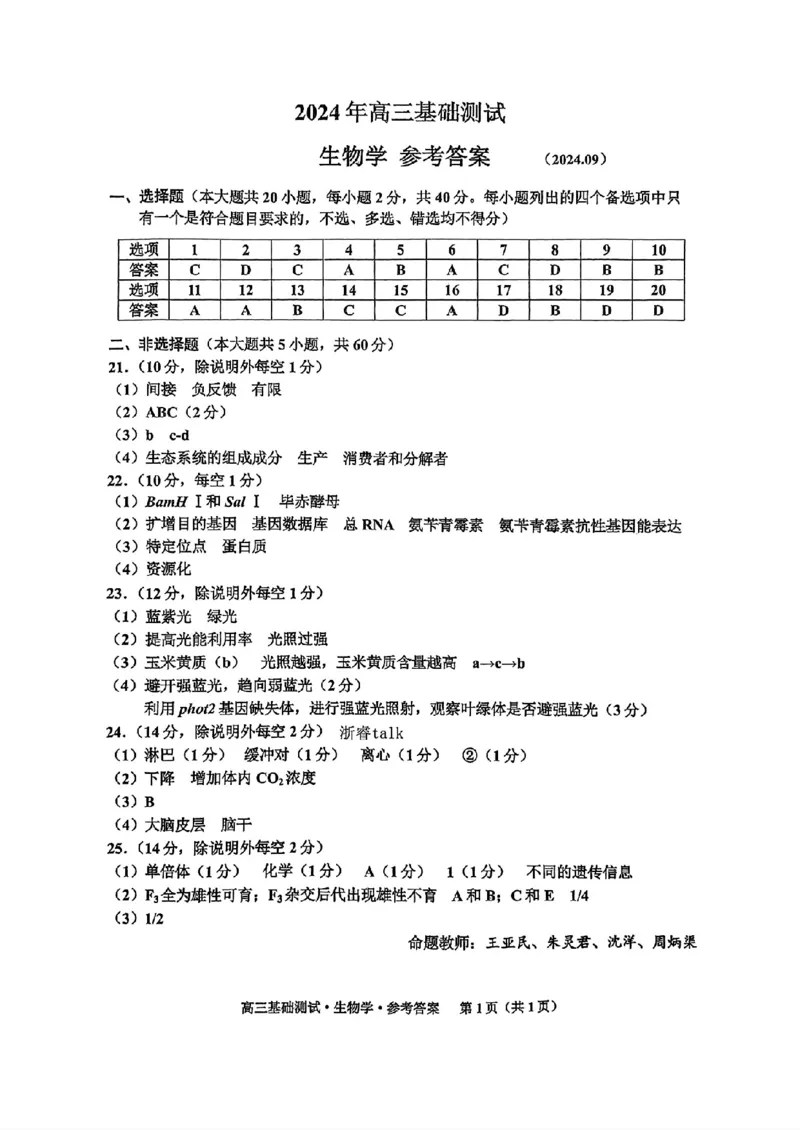 浙江省嘉兴市2024-2025学年高三上学期9月基础测试生物试题答案_A1502026各地模拟卷（超值！）_9月_240920浙江省嘉兴市2024-2025学年高三上学期9月基础测试