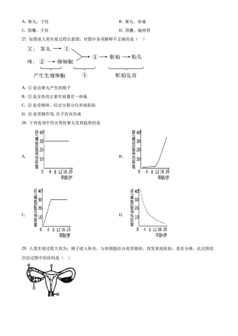 精品解析：北京市第十四中学2019&mdash;2020学年七年级下学期诊断性检测生物试题（原卷版）(1)_北京初中期末题_C605-京七八九_B京生物七八九_北京7下生物_2019-2020