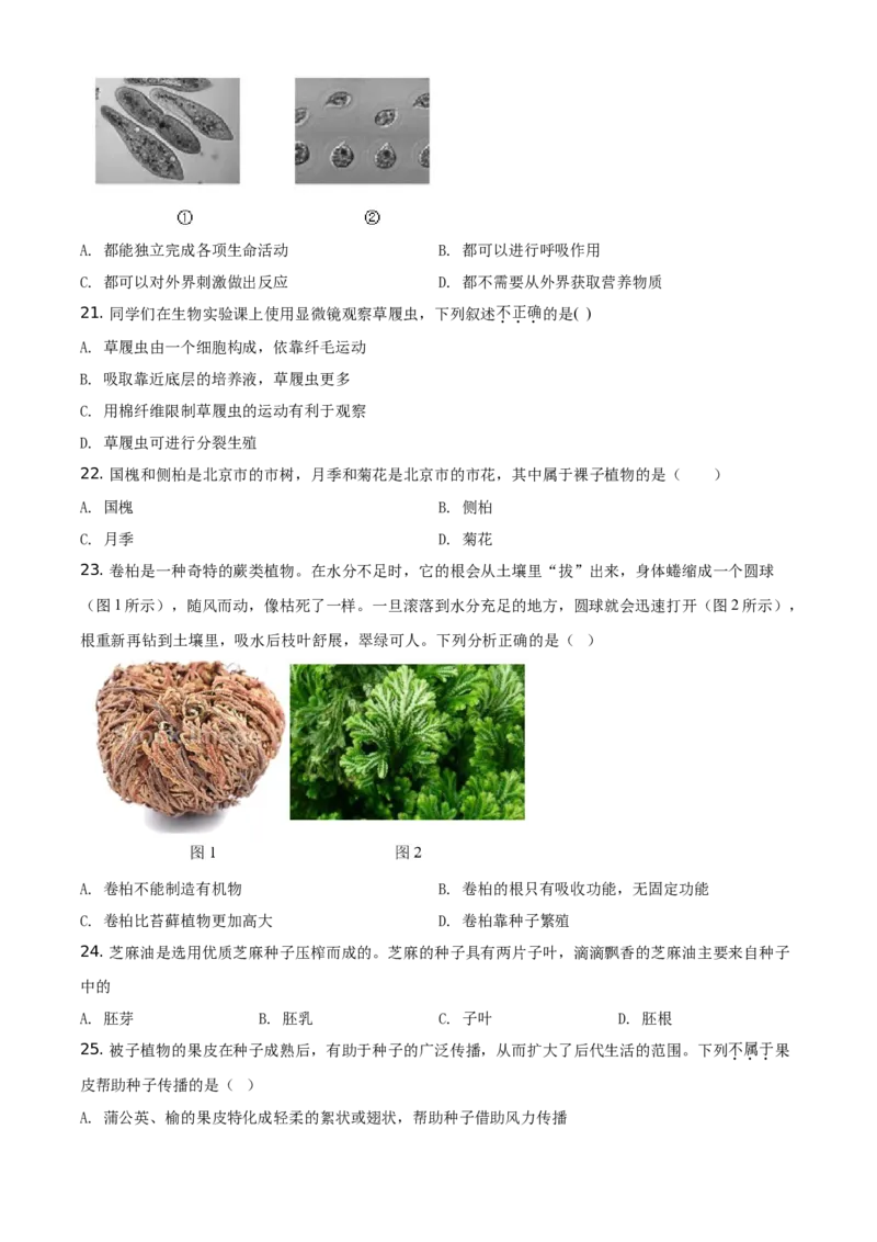 精品解析：北京市海淀区2019-2020学年上学期七年级期末生物试题（原卷版）(1)_北京初中期末题_C605-京七八九_B京生物七八九_北京7上生物_2019-2020