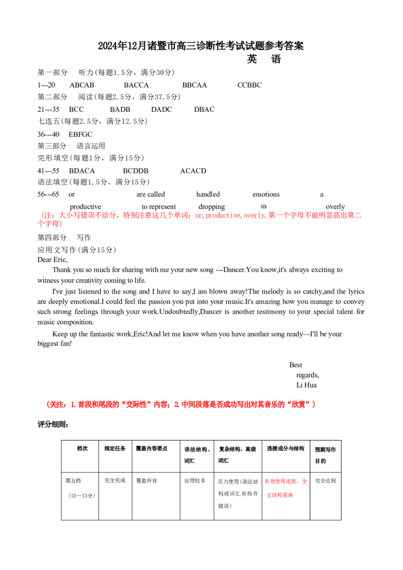 英语答案_A1502026各地模拟卷（超值！）_12月_241209浙江省绍兴市诸暨市2025届高三上学期12月诊断性考试（一模）