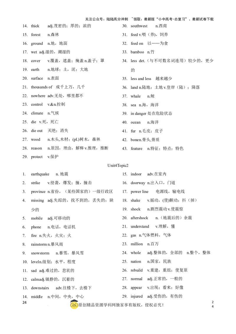 专题5.初中英语仁爱版单词表(按单元顺序)(七年级至九年级)（背诵版）_02中考总复习（2026版更新中）_03-英语-中考总复习_2024年中考复习资料_一轮复习_单词表