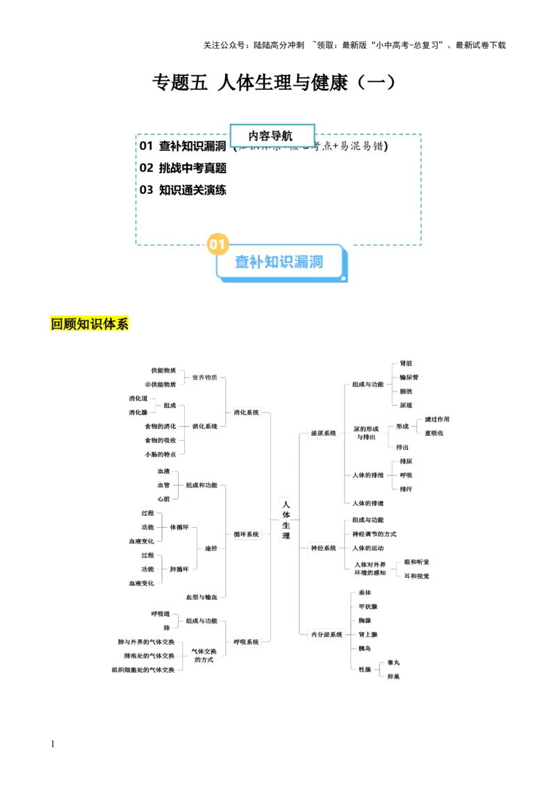 专题五人体生理与健康（一）（解析版）_02中考总复习（2026版更新中）_08-生物-中考总复习_2024年中考复习资料_三轮复习_查漏补缺2024年中考生物复习冲刺过关（全国通用）