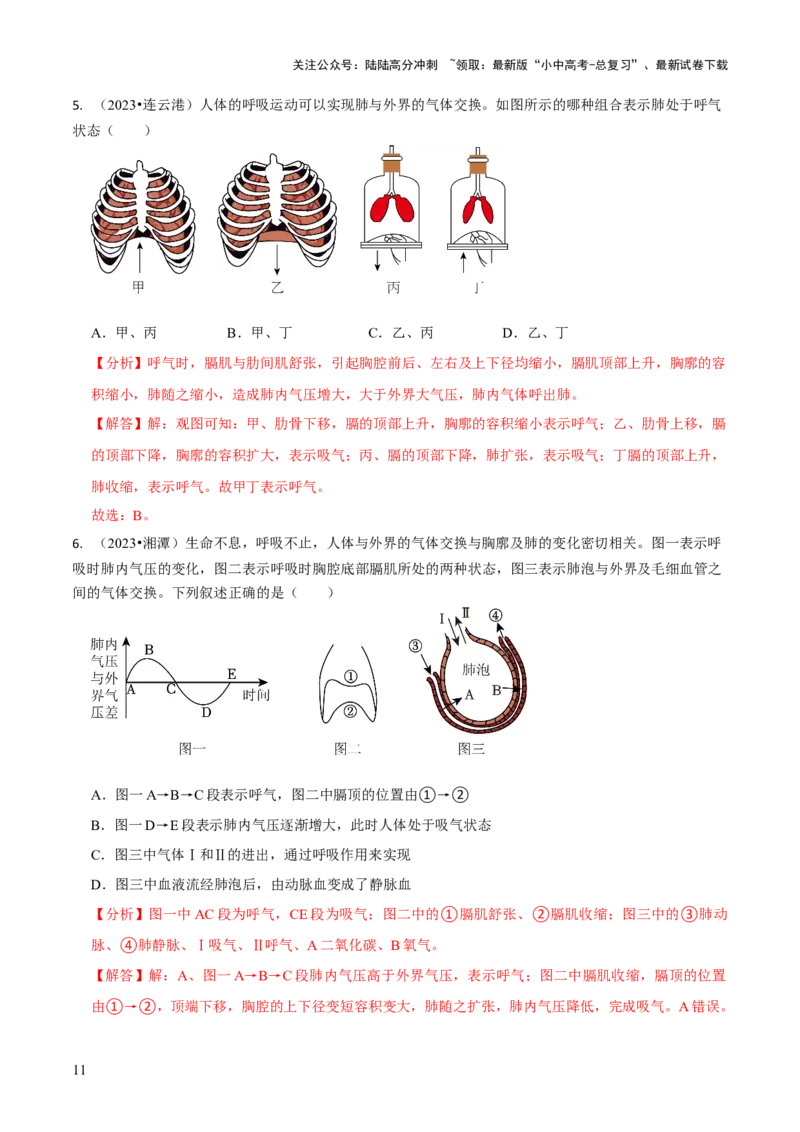 专题五人体生理与健康（一）（解析版）_02中考总复习（2026版更新中）_08-生物-中考总复习_2024年中考复习资料_三轮复习_查漏补缺2024年中考生物复习冲刺过关（全国通用）