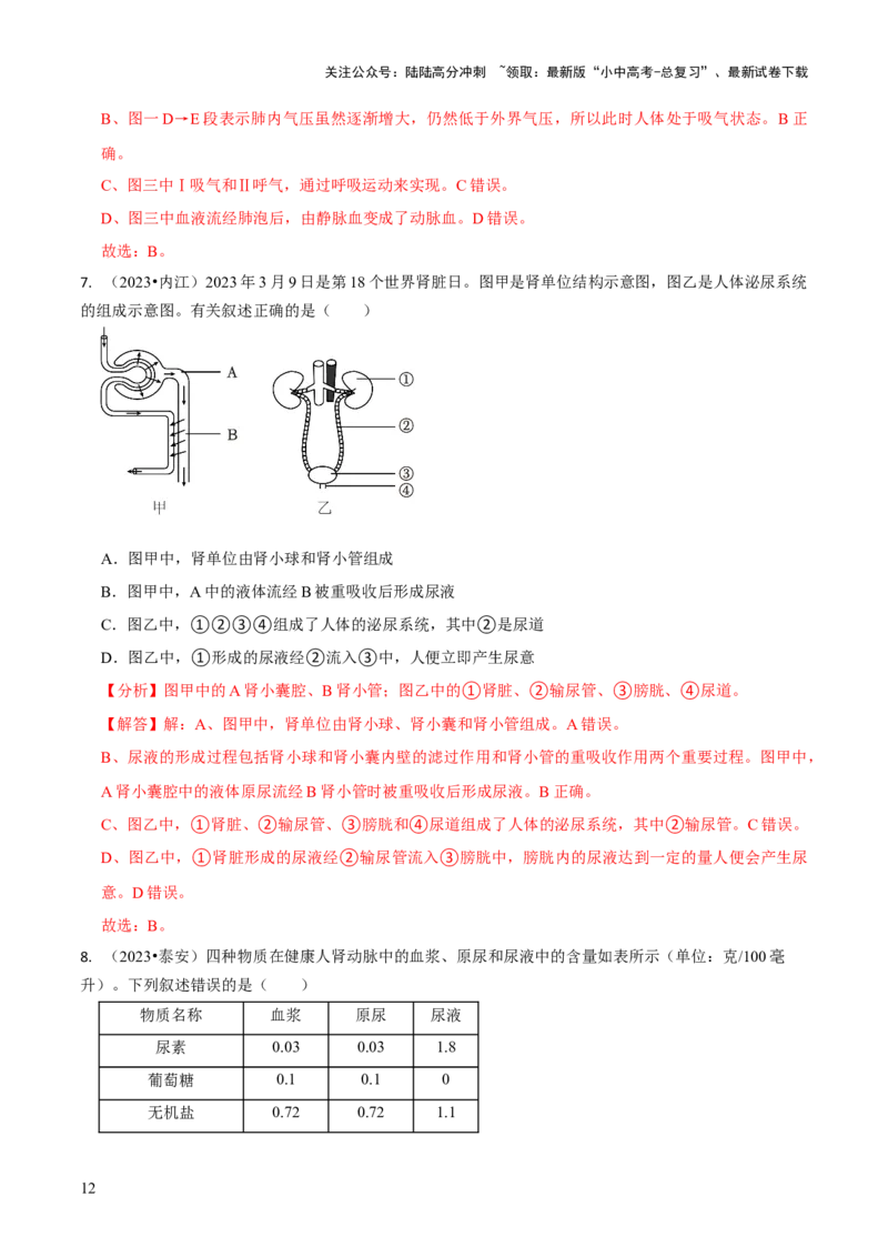 专题五人体生理与健康（一）（解析版）_02中考总复习（2026版更新中）_08-生物-中考总复习_2024年中考复习资料_三轮复习_查漏补缺2024年中考生物复习冲刺过关（全国通用）
