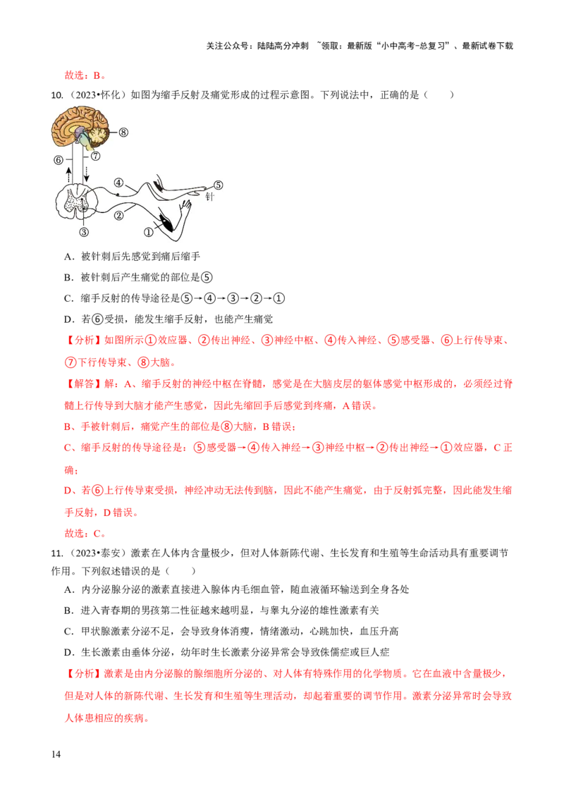 专题五人体生理与健康（一）（解析版）_02中考总复习（2026版更新中）_08-生物-中考总复习_2024年中考复习资料_三轮复习_查漏补缺2024年中考生物复习冲刺过关（全国通用）