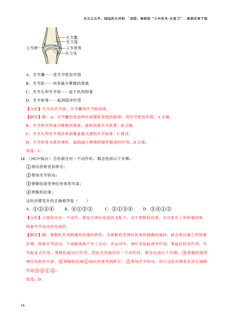 专题五人体生理与健康（一）（解析版）_02中考总复习（2026版更新中）_08-生物-中考总复习_2024年中考复习资料_三轮复习_查漏补缺2024年中考生物复习冲刺过关（全国通用）