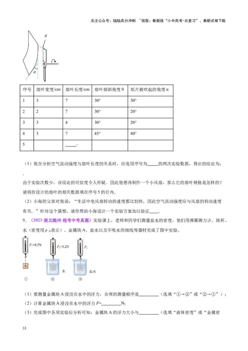 专题33力学实验专题（二）（原卷版）_02中考总复习（2026版更新中）_04-物理-中考总复习_2024年中考复习资料_一轮复习_完备战2024年中考物理一轮复习考点帮（全国通用）