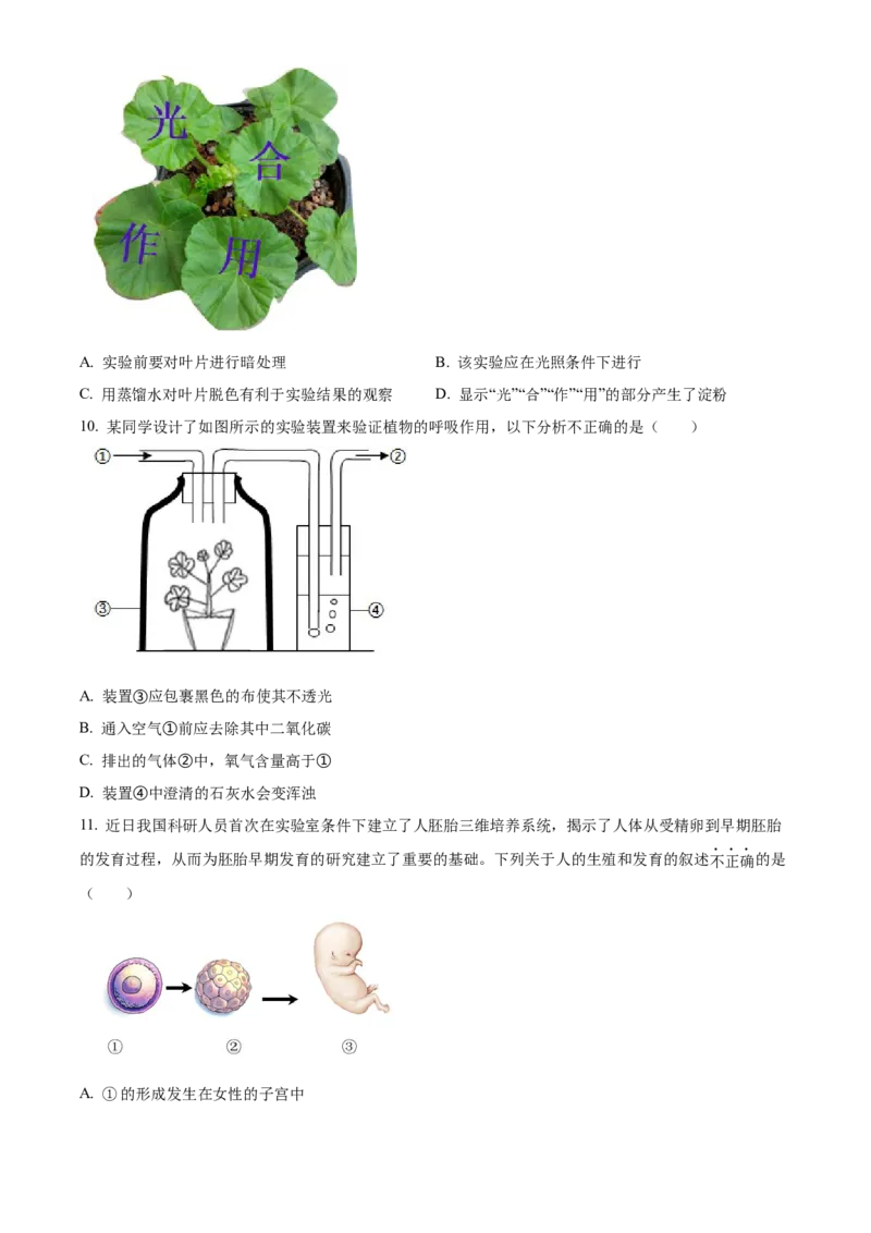 精品解析：北京市第二中学教育集团2022-2023学年八年级下学期期中生物试题（原卷版）(1)_北京初中期末题_C605-京七八九_B京生物七八九_北京八下生物