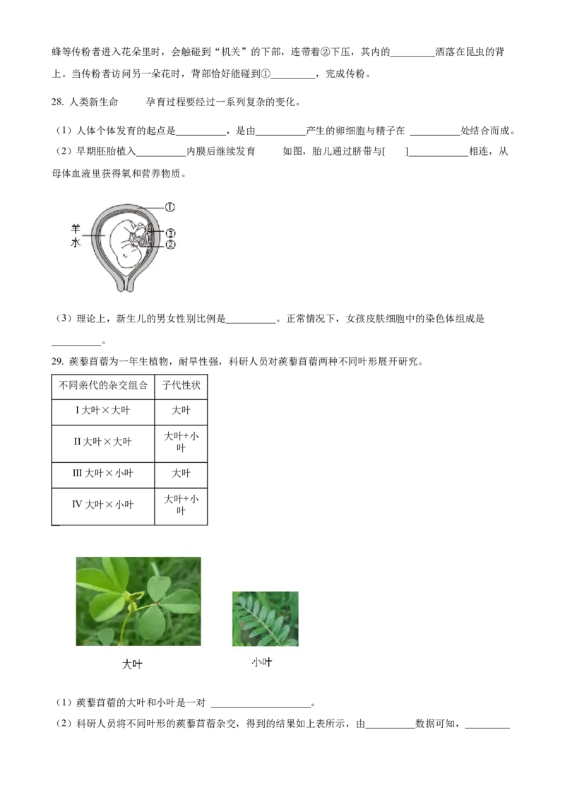 精品解析：北京市朝阳区2023-2024学年八年级上学期期末生物试题（原卷版）(1)_北京初中期末题_C605-京七八九_B京生物七八九_北京八上生物_2023-2024