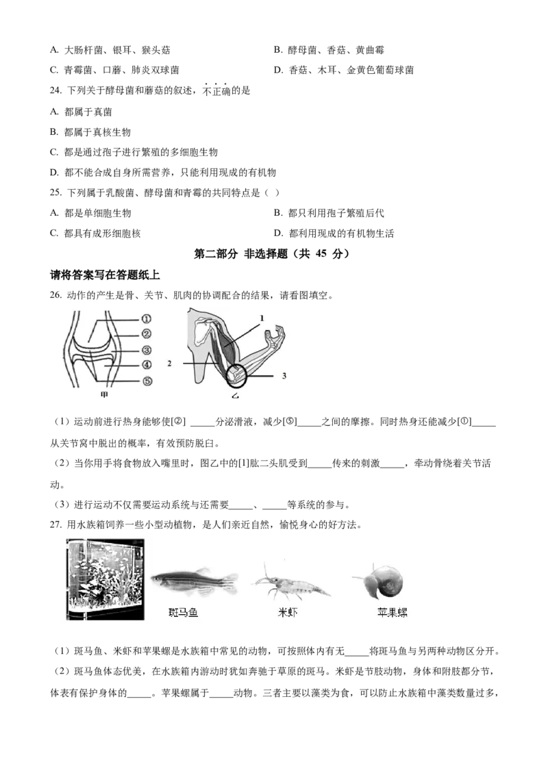 精品解析：北京市第一七一中学2022-2023学年八年级上学期期中生物试题（原卷版）(1)_北京初中期末题_C605-京七八九_B京生物七八九_北京八上生物_2022-2023