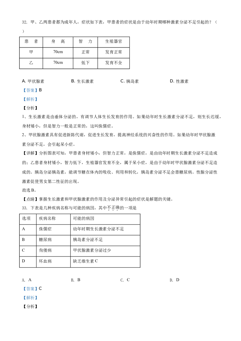 精品解析：北京市海淀区2019-2020学年七年级下学期期末生物试题（解析版）(1)_北京初中期末题_C605-京七八九_B京生物七八九_北京7下生物_2019-2020
