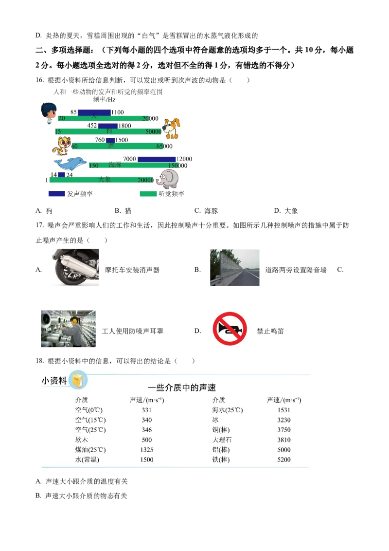 精品解析：北京市第十四中学2022-2023学年八年级上学期期中考试物理试题（原卷版）(1)_北京初中期末题_C605-京七八九_B京物理八九_物理_八年级上学期物理_2022-2023