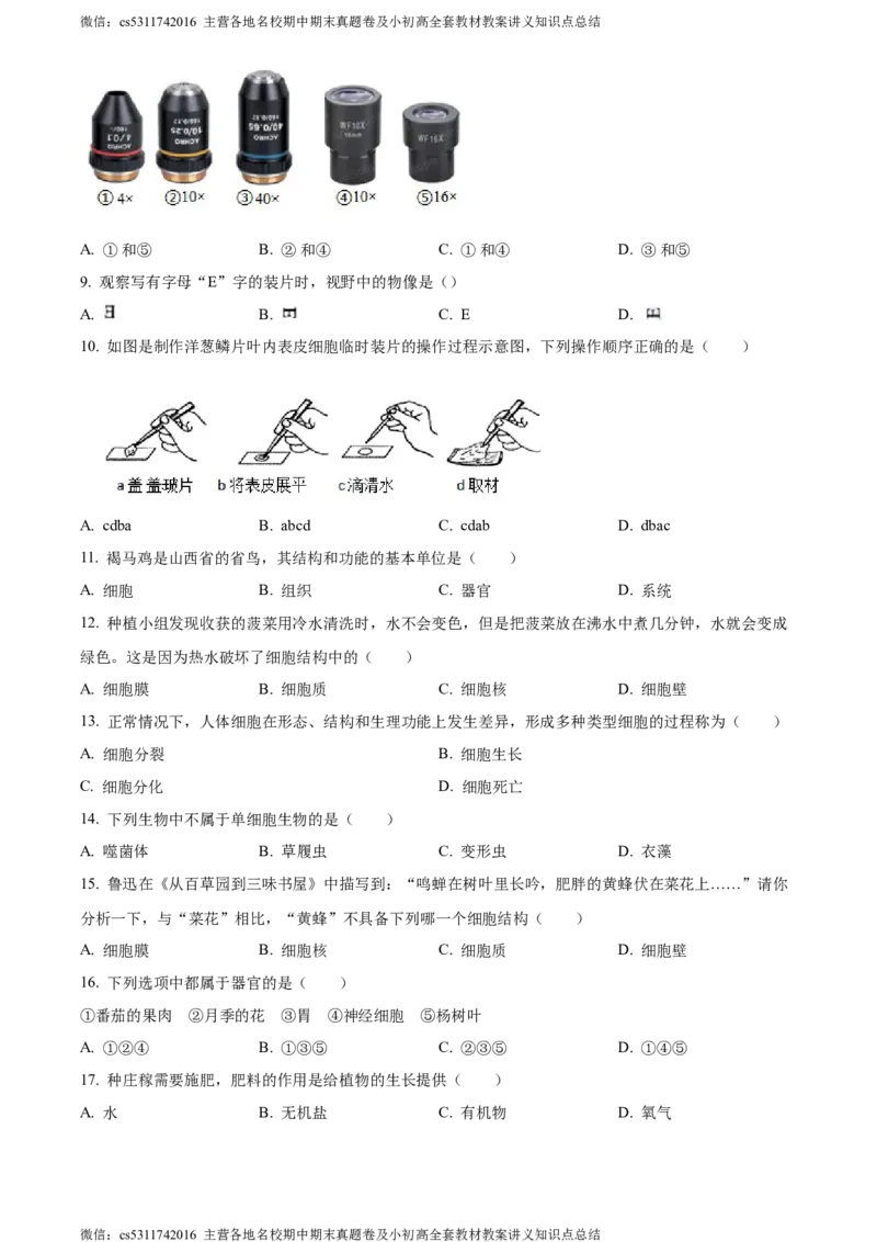 精品解析：北京市顺义区2023-2024学年七年级上学期期末生物试题（原卷版）(1)_北京初中期末题_C605-京七八九_B京生物七八九_北京7上生物_2022-2024_北京生物7上期末