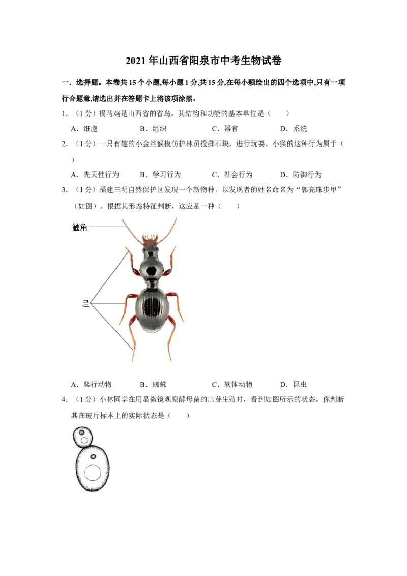 2021年山西省阳泉市中考生物真题（空白卷）_❤山西历年中考真题_8.山西中考生物2018-2025